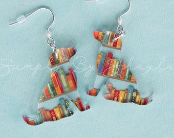 Dog Earrings with Books, Acrylic Bookish Dog Lover Gifts, Gift for Avid Reader, Book Themed Silver Dog Mom Dangle Earrings, Puppy Earring