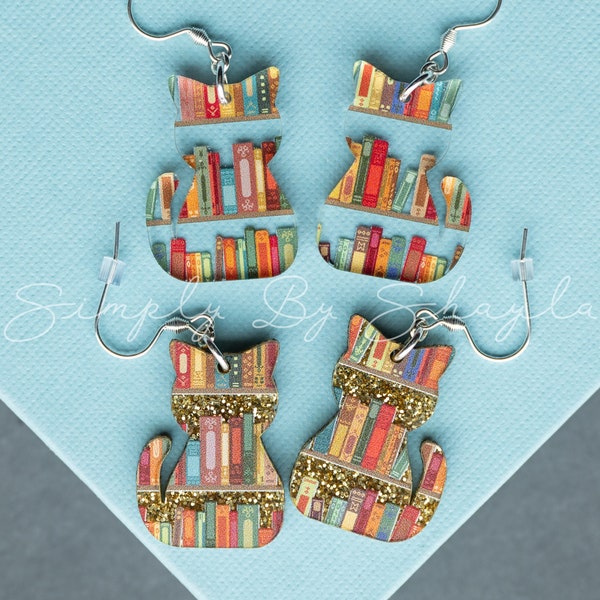 Cat Earrings with Books, Acrylic Bookish Cat Lover Gifts, Gift for Avid Reader, Book Themed Silver Cat Mom Dangle Earrings, Kitten Earring