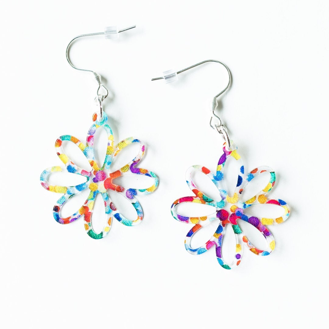 Brightly Colored Flower Shaped Earrings, Cute Dangle Acrylic Jewelry ...