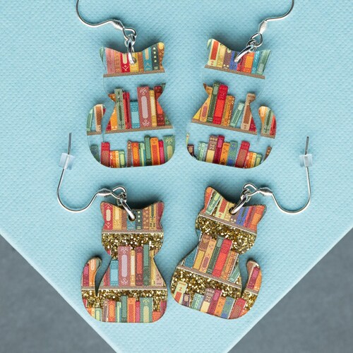 Cat Earrings with Books, Acrylic Bookish Cat Lover Gifts, Gift for Avid Reader, Book Themed Silver Cat Mom Dangle Earrings, Kitten Earring