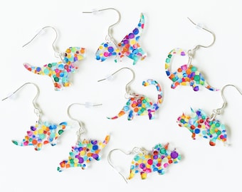 Small Dinosaur Earrings Acrylic, Dinosaurs Gift for Teachers, Small T-Rex, Brontosaurus, Stegosaurus, Triceratops, Colorful Rainbow Jewelry
