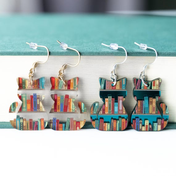 Book Cat Earrings, Avid Reader Gifts, Bookish Cat Lover Jewelry, Acrylic Dangle Book Earrings for Teacher, Gift for Cat Mom, Kitten Earring