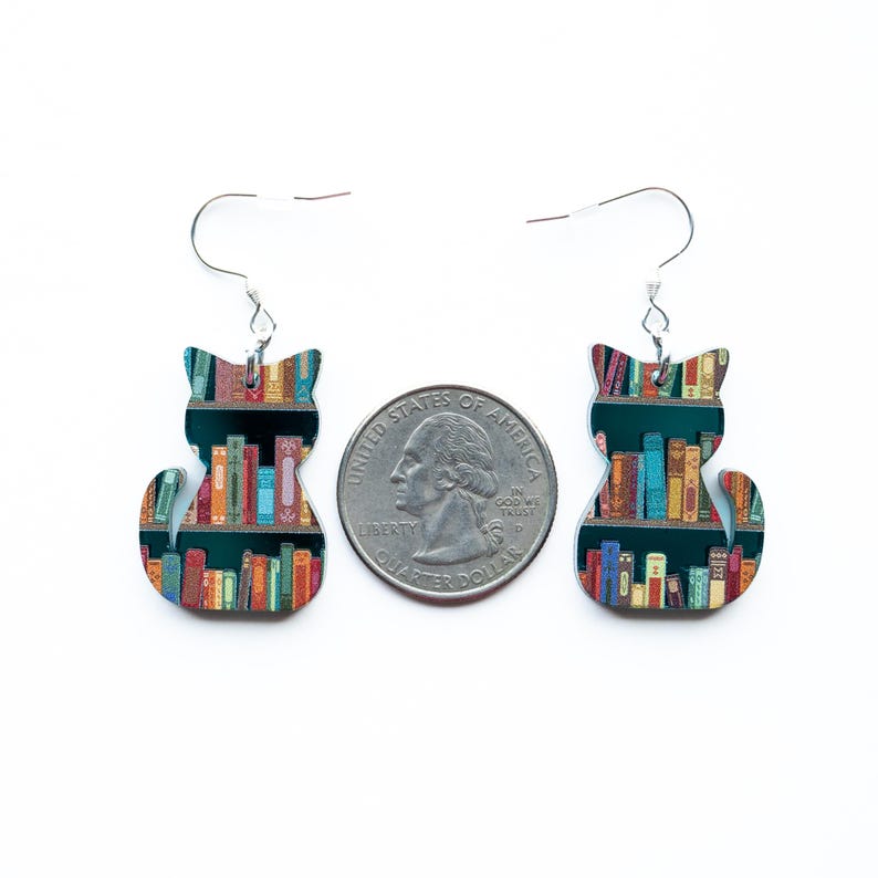 Book Cat Earrings, Avid Reader Gifts, Bookish Cat Lover Jewelry, Acrylic Dangle Book Earrings for Teacher, Gift for Cat Mom, Kitten Earring zdjęcie 4