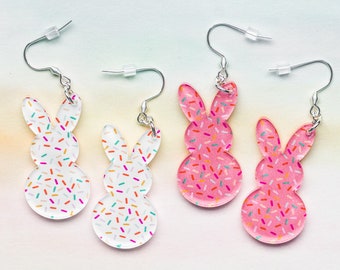 Sprinkle Easter Earrings Marshmallow Bunny Earring Dangle Rabbit Jewelry for Spring Colorful Pink White Bunnies Earrings for Girls Acrylic