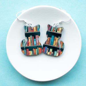 Book Cat Earrings, Avid Reader Gifts, Bookish Cat Lover Jewelry, Acrylic Dangle Book Earrings for Teacher, Gift for Cat Mom, Kitten Earring Teal Mirror / Black