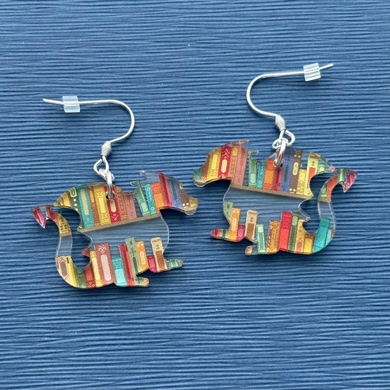 May include: A pair of silver dangle earrings featuring a dragon silhouette with a bookshelf and colorful books inside. The dragon is facing to the right.