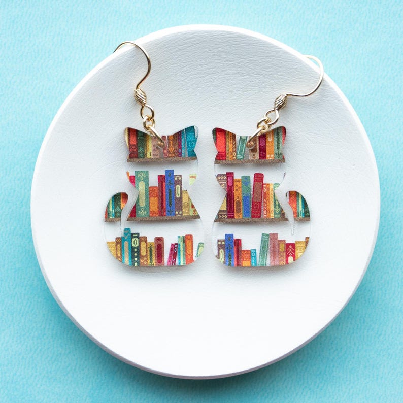 Book Cat Earrings, Avid Reader Gifts, Bookish Cat Lover Jewelry, Acrylic Dangle Book Earrings for Teacher, Gift for Cat Mom, Kitten Earring Clear