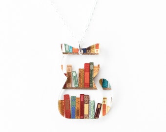 Book Themed Cat Necklace, Gifts for Graduation, Avid Reader Gifts for Cat Lovers, Acrylic Book Necklace, Cute Animal Jewelry for Women