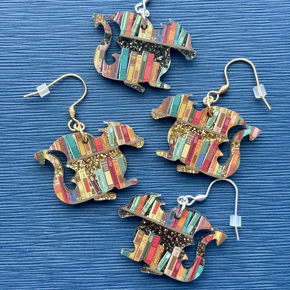 Dragon Earrings with Books, Acrylic Avid Reader Gift, Fantasy Book Lover, Dragon Rider, Magical Creature, Lightweight Hypoallergenic