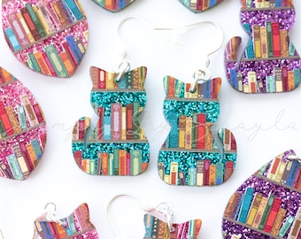 Glitter Cat Earrings with Books, Acrylic Bookish Gifts, Gift for Avid Reader, Librarian Earrings, Colorful Book Earrings, Gifts for Readers
