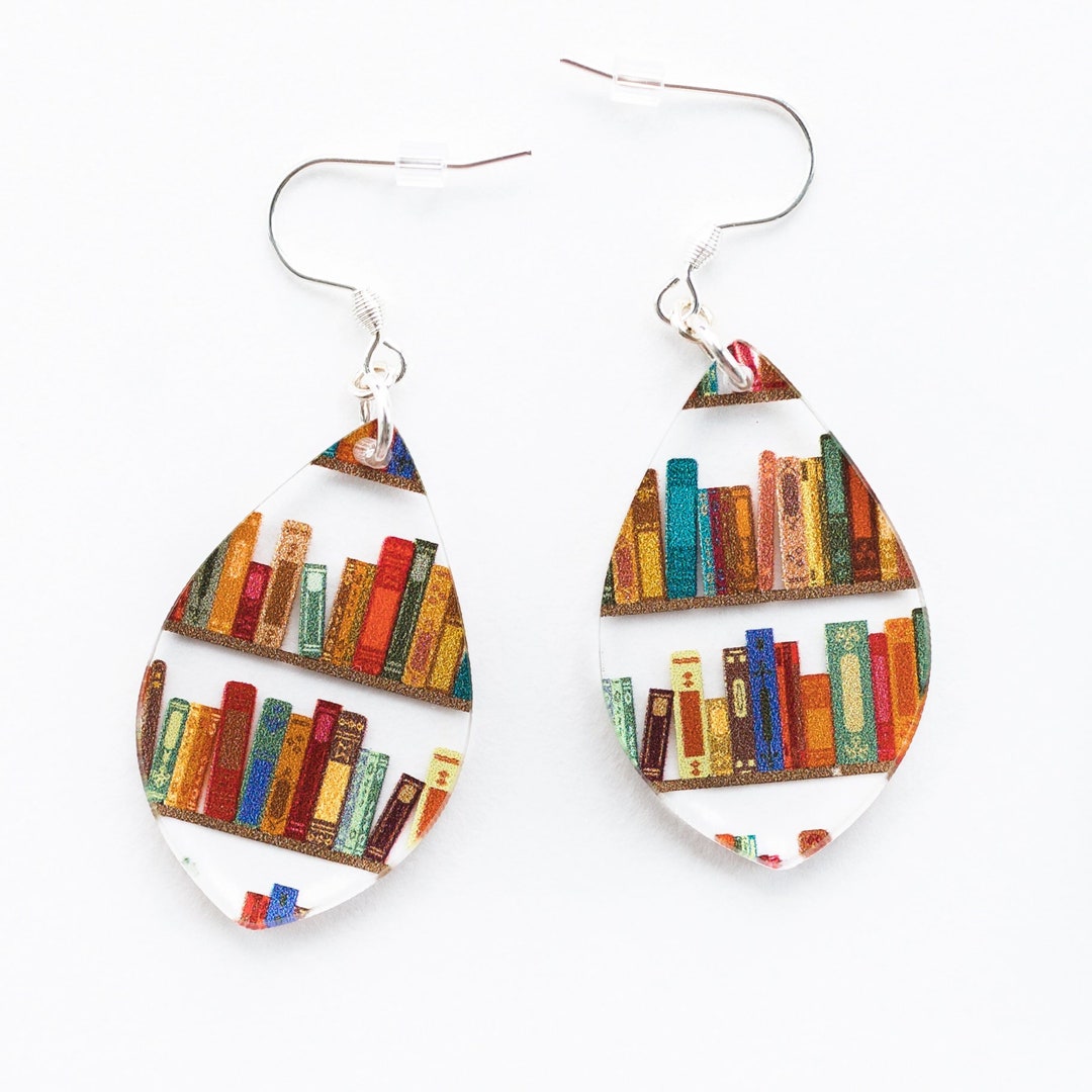 Book Earrings Acrylic, Avid Reader Gifts, Teardrop Bookshelf Earring