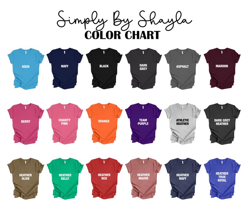 May include: Color chart showing 18 different t-shirt colors. The colors are: Aqua, Navy, Black, Dark Grey, Asphalt, Maroon, Berry, Charity Pink, Orange, Team Purple, Athletic Heather, Dark Grey Heather, Heather Olive, Heather Kelly, Heather Red, Heather Mauve, Heather Navy, and Heather True Royal.