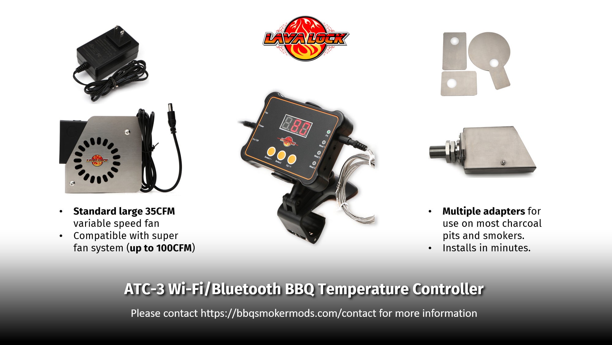 LavaLock ATC-3 BBQ Wi-Fi BBQ Temperature Controller w/ Bluetooth - 4-probe  35CFM Smoker Pit PID