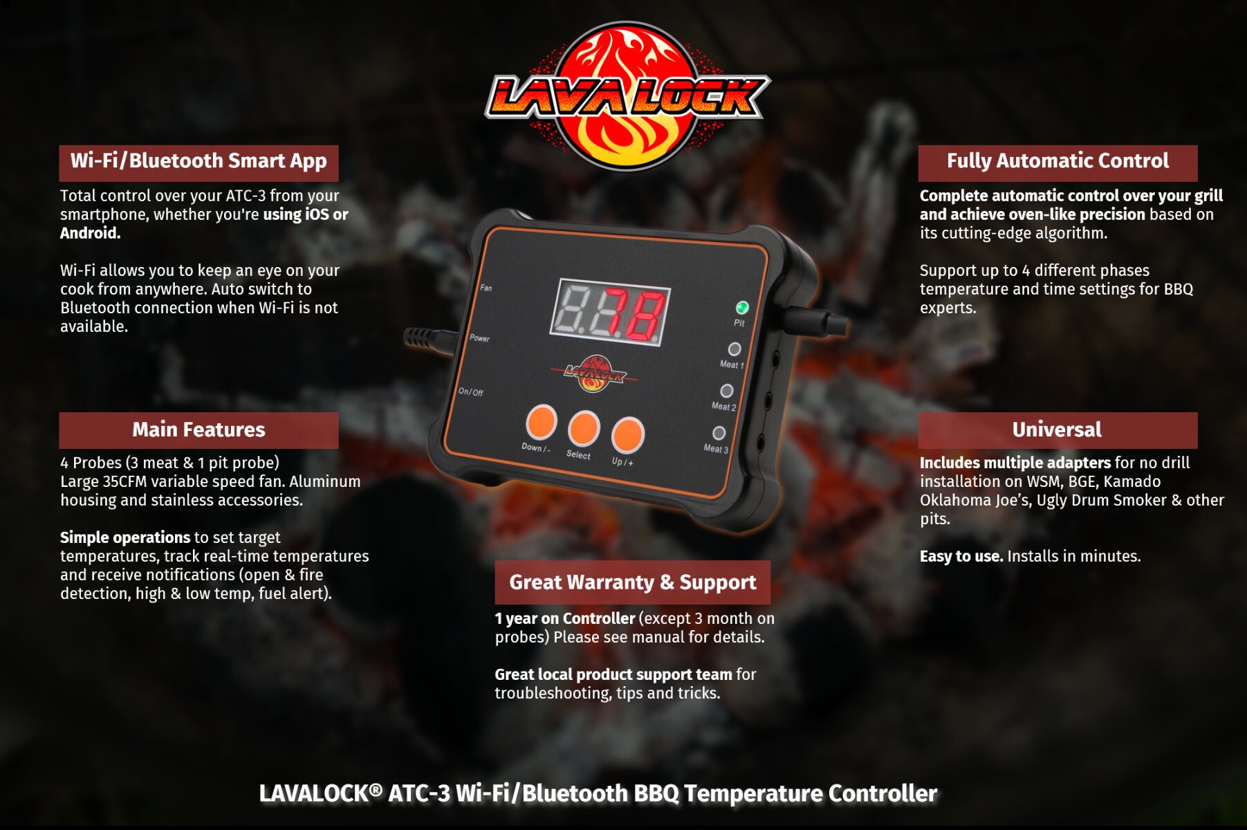 LavaLock ATC-3 BBQ Wi-Fi BBQ Temperature Controller w/ Bluetooth - 4-probe  35CFM Smoker Pit PID