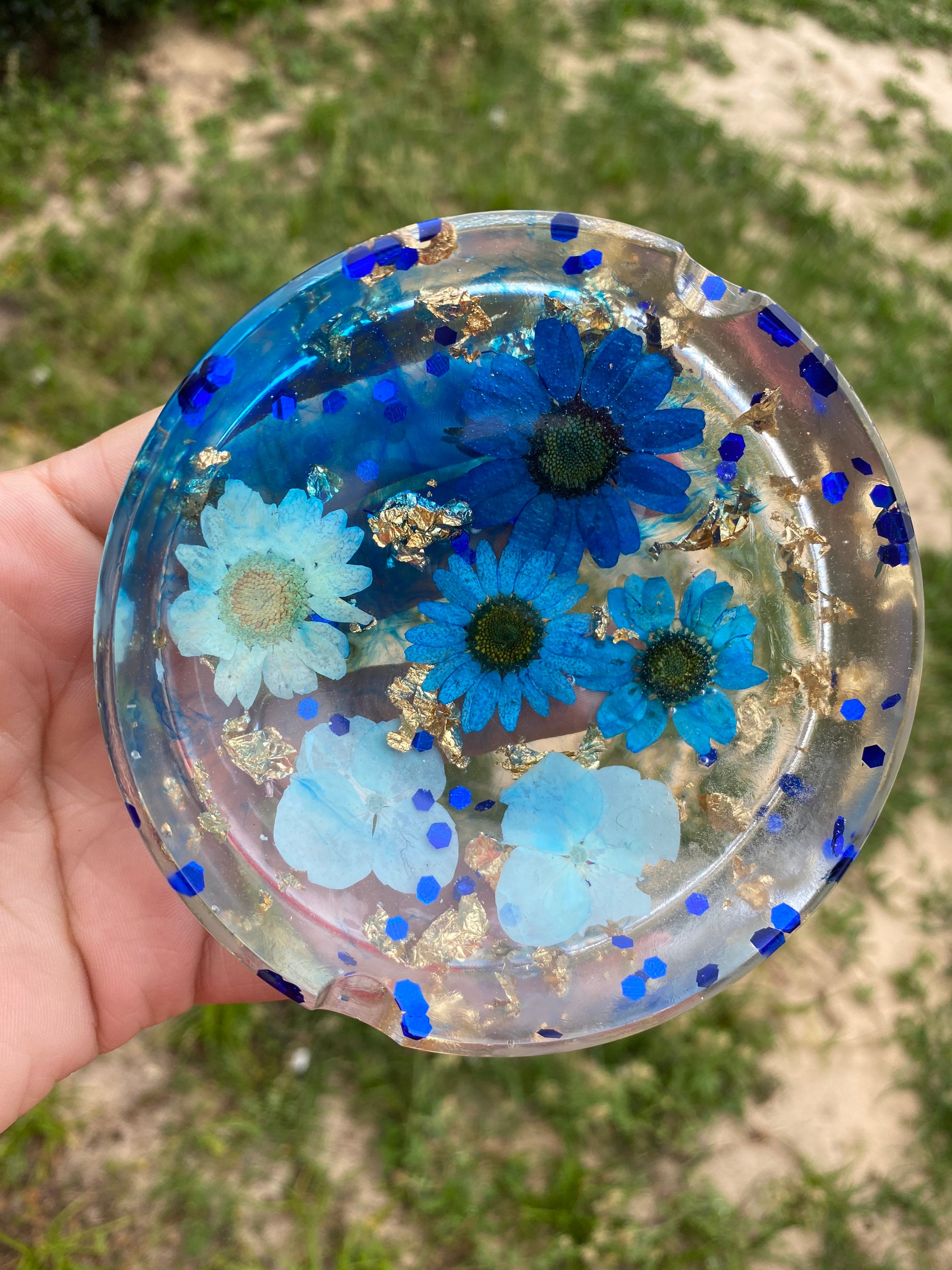 Blue Flower Resin Ashtray Etsy