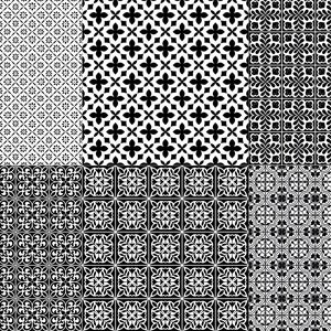May include: A set of nine black and white patterned tiles with geometric designs. The tiles are arranged in a 3x3 grid.