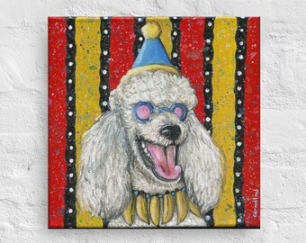 8x8 Inch Circus Poodle With Bananas and John Lennon Glasses Original Canvas Art. Painting wall decor. Trippy dog lover nerd gift weird stuff