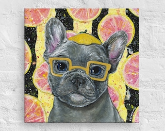 Le Pup'lemousse Frenchie Originele Canvas Art. Franse bulldog kunstwerk grapefruit zomer esthetiek. Pamplemousse fruit canvas keuken decor.