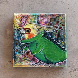 Original cockatiel art. Onesie bird art canvas artwork. Godzilla mini kaiju art wall decor. TRex dino cute dinosaur bird lover nerd gift.