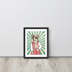 Framed circus cotton candy corgi art by artist Carmel Mercado