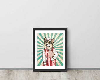 Circus candy corgi art print framed. Dog mom dad puppy lover housewarming wall decor gift. Hipster doggo nerd style artwork. Cafe food art.