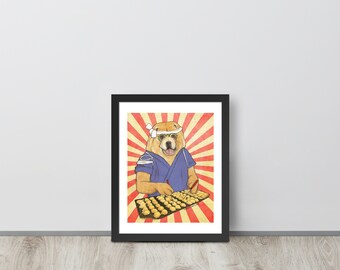 Summer street vendor takoyaki chow chow dog artwork. Red stripe circus doggy illustration. Japanese manga style dog lover art wall hanging.