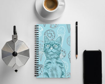 Blue Cat Dessert Dreams Notebook. Tabby Cat Mom Dad Pawrent Stationery Paper Goods School Supplies Gift. Kawaii feline pet food lover art.