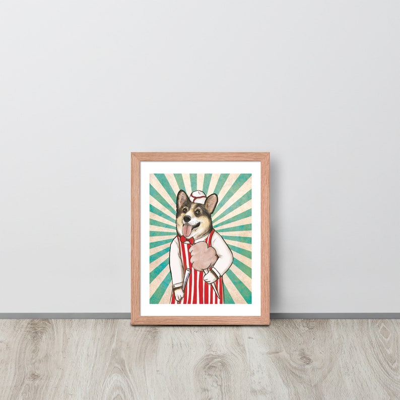 Framed circus cotton candy corgi art by artist Carmel Mercado