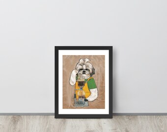 Barista shih tzu art print. Hipster siphon coffee maker cafe lover dog artwork. Nerd toy dog mom dad unique gifts wall decor home kitchen.