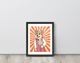 Cotton candy corgi artisan art print. Striped circus theme dog lover illustration. Comical artsy nerdy corgi mom dad gift. Quirky wall art.