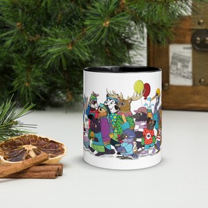 Miejos Utility Box Art Design in Kirkland Mug. Coffee and tea lover drinkware gift. Animal parade fun cute illustration artist kitchen decor
