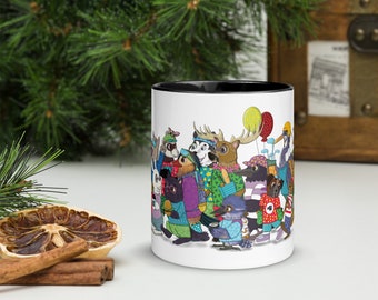 Miejos Utility Box Art Design in Kirkland Mug. Coffee and tea lover drinkware gift. Animal parade fun cute illustration artist kitchen decor