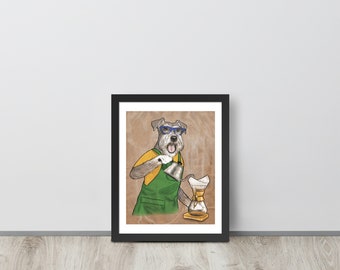 Schnauzer terriër caféhond ingelijste poster. Koffie hondenliefhebber kunstwerk cadeau kunst. Nerd barista hipster specialiteit tekening. Giet over de illustratie.