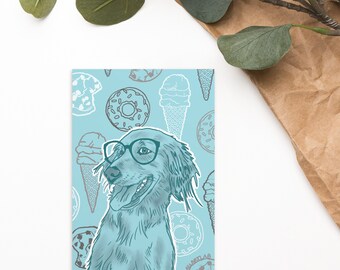 Dogs and Desserts Golden Retriever Postcard Matte Note card. Dog in Glasses Thinking of You Letter. Vintage blue palette dog lover art gift.