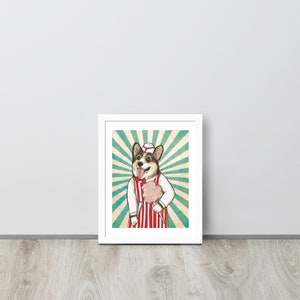 Framed circus cotton candy corgi art by artist Carmel Mercado