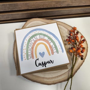 Grußkarte zur Geburt mit Regenbogen bunt / Willkommen auf der Welt / mit Name personalisierbar