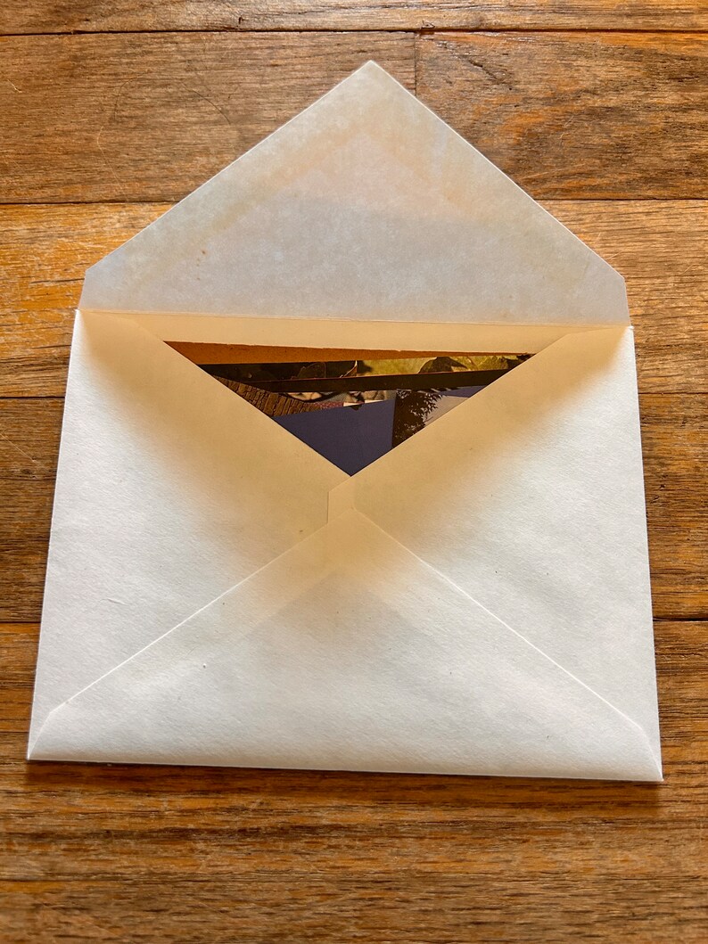 May include: A white envelope with a flap open, revealing a photograph inside. The photograph is partially visible and appears to be a landscape scene.