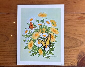 1970s Butterfly with Daisies Lithograph for Wall Art, Scrapbooking, Junk Journaling, Cottagecore, Homesteading, Kitsch, Kitchen, Handrawn
