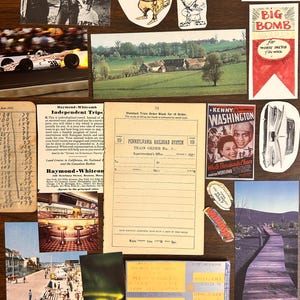 May include: A collage of vintage postcards and ephemera, including a black and white photo of a couple, a postcard of a rural landscape, a train order form, a postcard of a boardwalk, and a postcard of a beach scene. The collage also includes a few stickers, including a cartoon character and a sticker that says "Big Bomb".