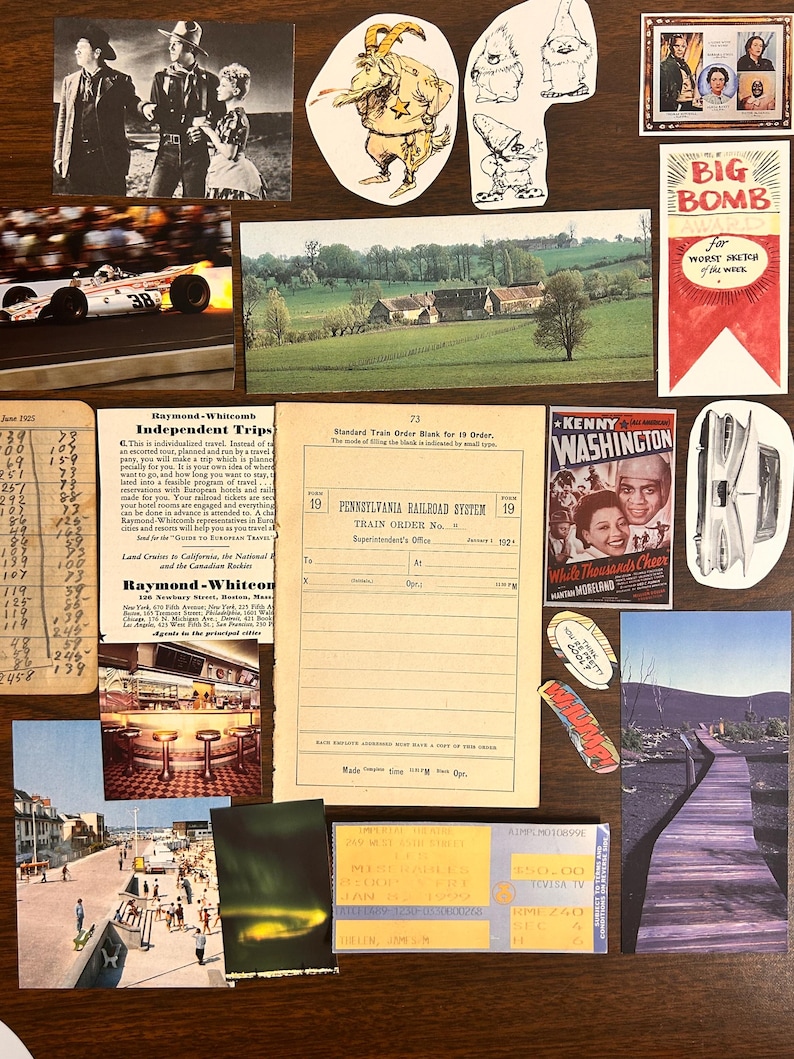 May include: A collage of vintage postcards and ephemera, including a black and white photo of a couple, a postcard of a rural landscape, a train order form, a postcard of a boardwalk, and a postcard of a beach scene. The collage also includes a few stickers, including a cartoon character and a sticker that says "Big Bomb".