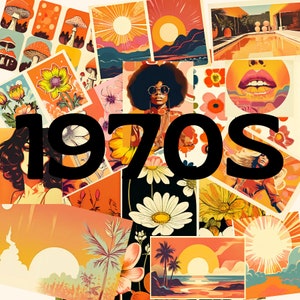 May include: A collage of images from the 1970s, featuring a woman with sunglasses, flowers, and a sunset scene. The text "1970s" is prominently displayed in black.