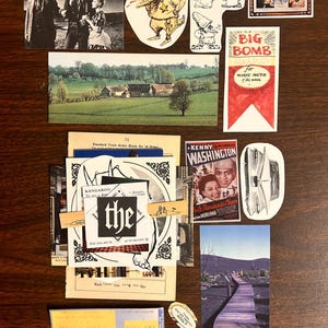 May include: A collage of vintage images and ephemera, including a black and white photo of a cowboy, a postcard of a rural landscape, a drawing of a goat, a movie poster for "Kenny Washington", and a ticket for "Teviza TV".