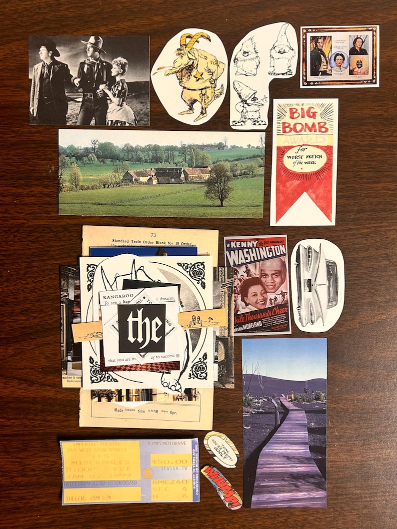 May include: A collage of vintage images and ephemera, including a black and white photo of a cowboy, a postcard of a rural landscape, a drawing of a goat, a movie poster for "Kenny Washington", and a ticket for "Teviza TV".