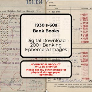 Puede incluir: Registros bancarios antiguos de los años 1930-60, con anotaciones manuscritas y datos financieros. La imagen incluye una descarga digital de más de 200 imágenes de efemérides bancarias, con texto que indica que no se enviará ningún producto físico.