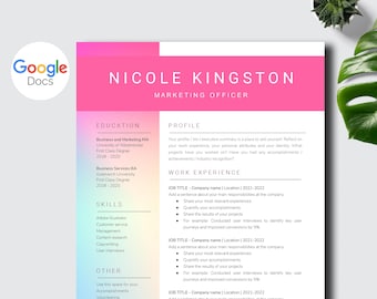 Designer resume template & cover letter for Google Docs | Colourful, professional and creative editable resume | Graduate school resume