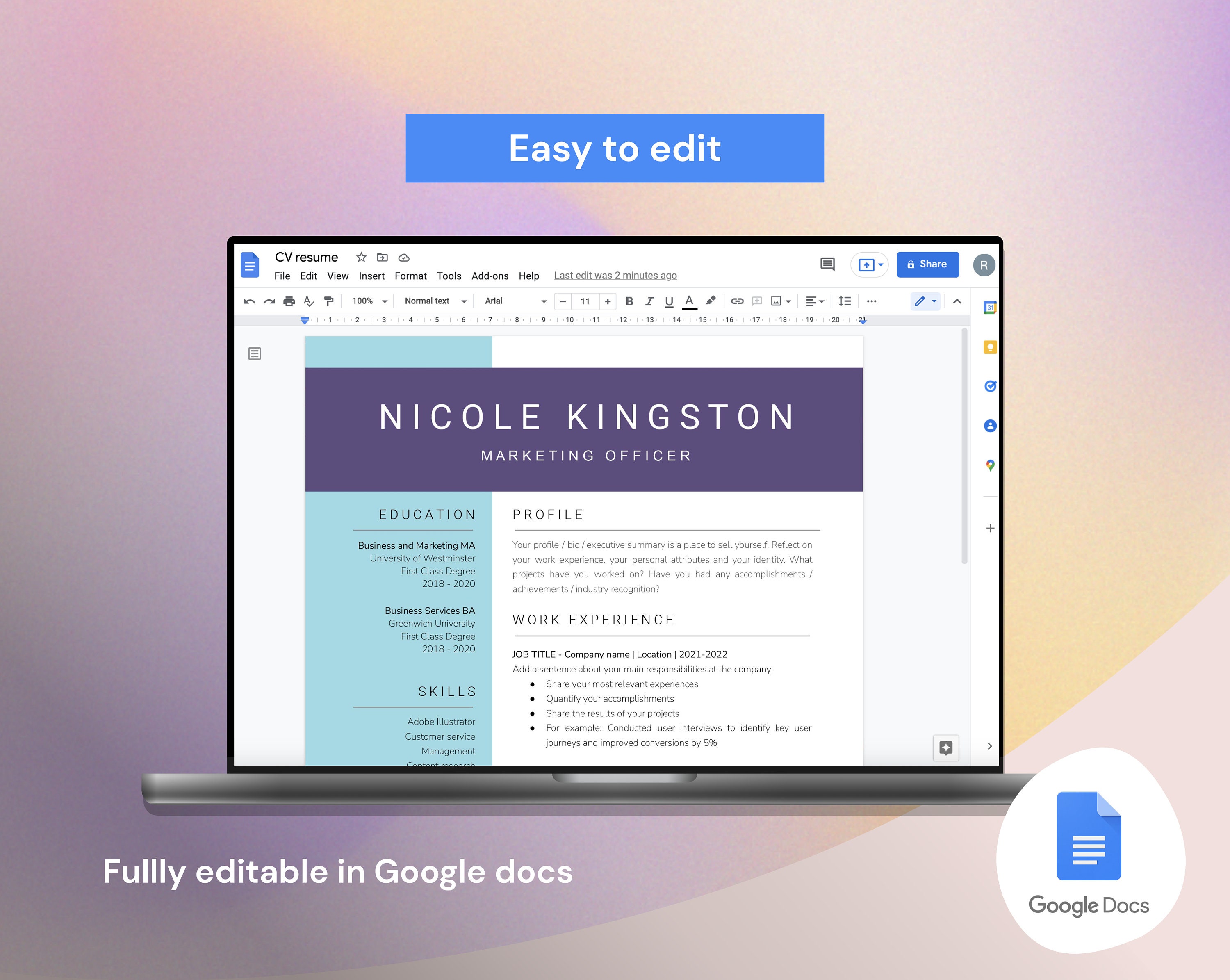 Google Docs Resume Template Cover Letter, Modern Resume CV Template ...