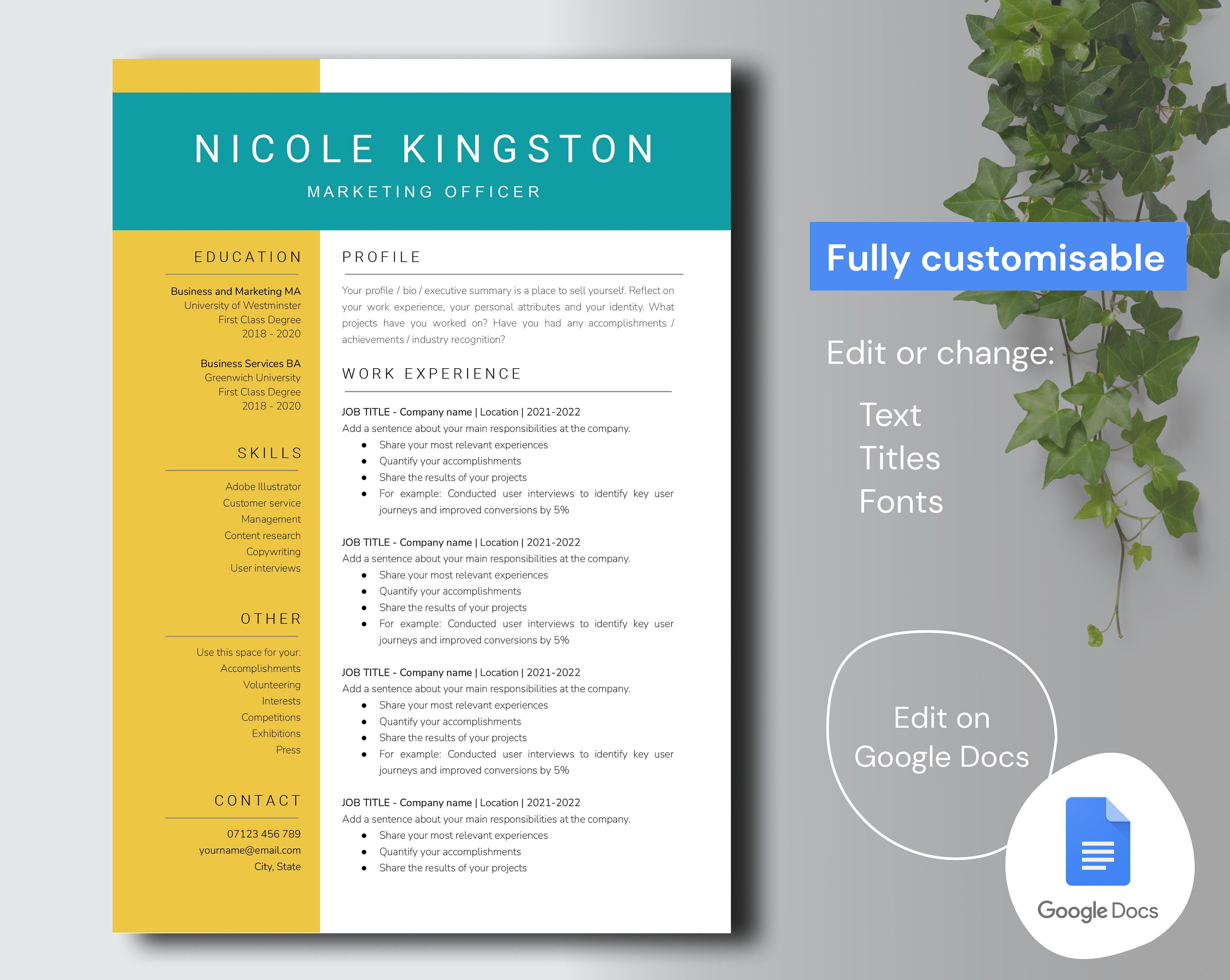 Google Docs Resume Template + Cover Letter, Modern Colourful Resume CV ...