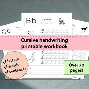 Printable cursive handwriting bundle workbook | Letters, Words, Sentences & practice worksheets | For kids and adults | 70+ pages | PDF
