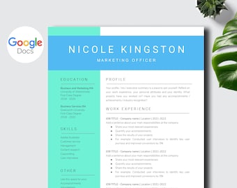 May include: A light blue and green resume template with the name Nicole Kingston and the title Marketing Officer. The resume includes sections for education, skills, work experience, and other.
