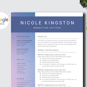 May include: A blue and purple resume template with the name Nicole Kingston and the title Marketing Officer. The resume includes sections for education, skills, work experience, and other.